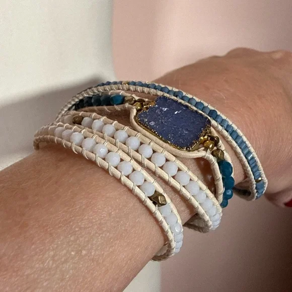 Nakamol blue white Raw gemstone boho Mediterranean long Wrap bracelet - Picture 4 of 15